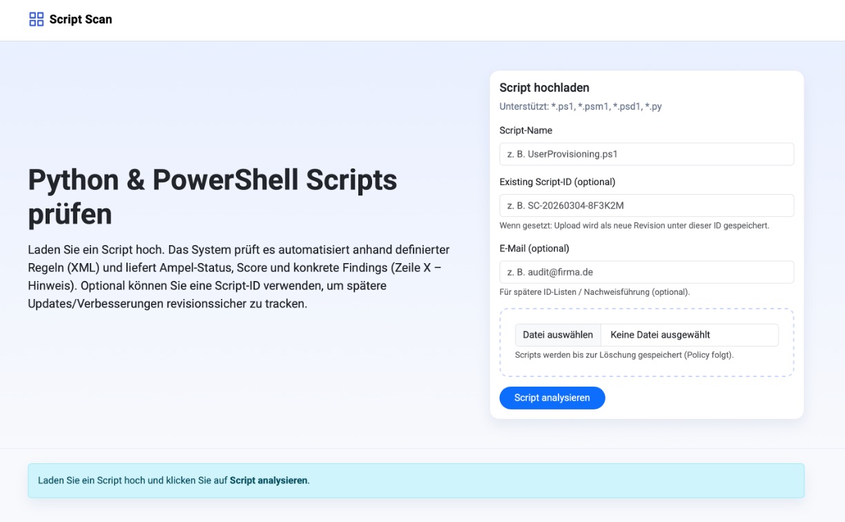 Script Upload und Prüfübersicht